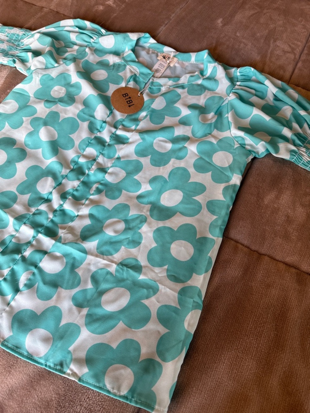 BiBi Aqua Teal and White Floral Puff Sleeve Blouse